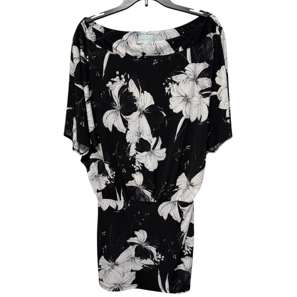 Veronica M Black White Floral Batwing Sleeve Mini Dress Medium EUC